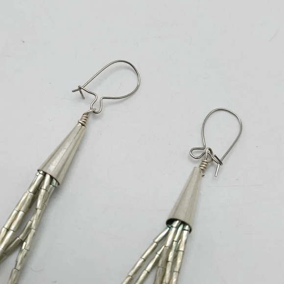 Vintage Liquid Silver Beaded Dangle Earrings 2.75" Long Lightweight Boho Chic - Picture 3 of 5